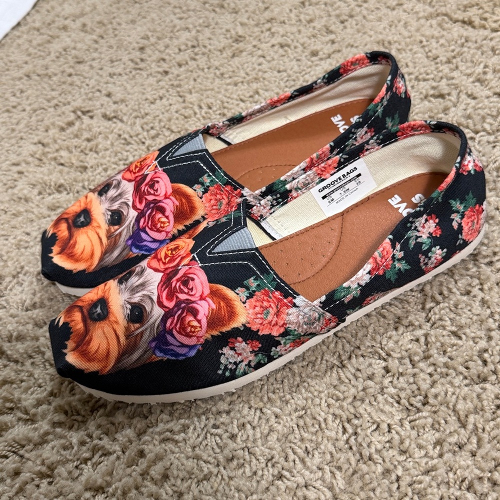 Groove Bags Custom Kicks Yorkshire Terrier Floral Slip On Canvas Flats - Picture 2 of 9